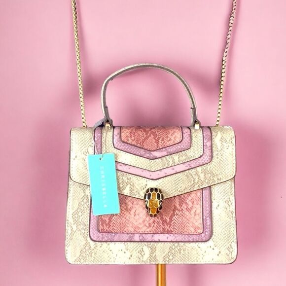 CHRISBELLA NWT CROSSBODY SATCHEL HANDBAG Pink PURPLE SNAKE Leather - Picture 3 of 10